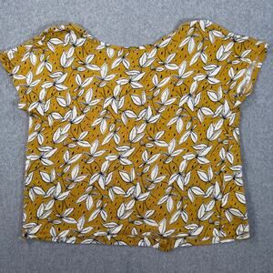 Rachel Zoe Linen Tee Shirt Women's Medium Gold Leaf Print Button Back